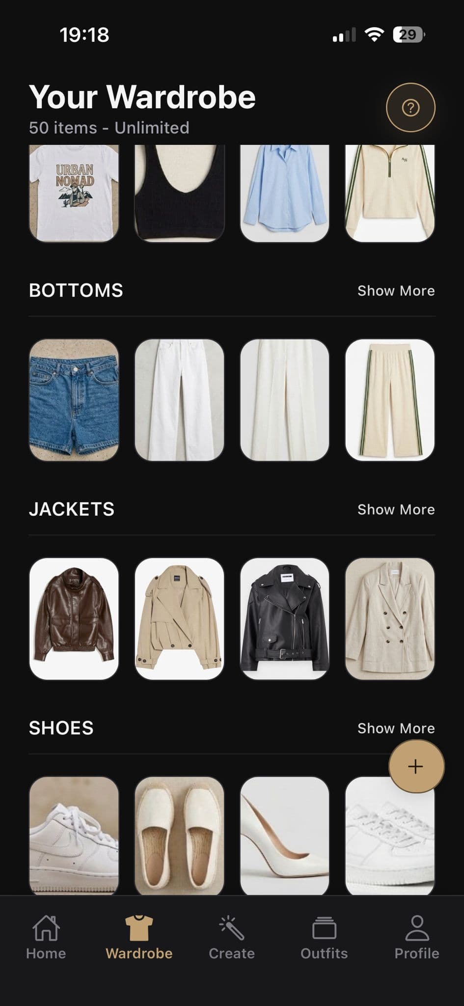 OutfitSnap wardrobe screen showing tops, bottoms, jackets, and shoes.